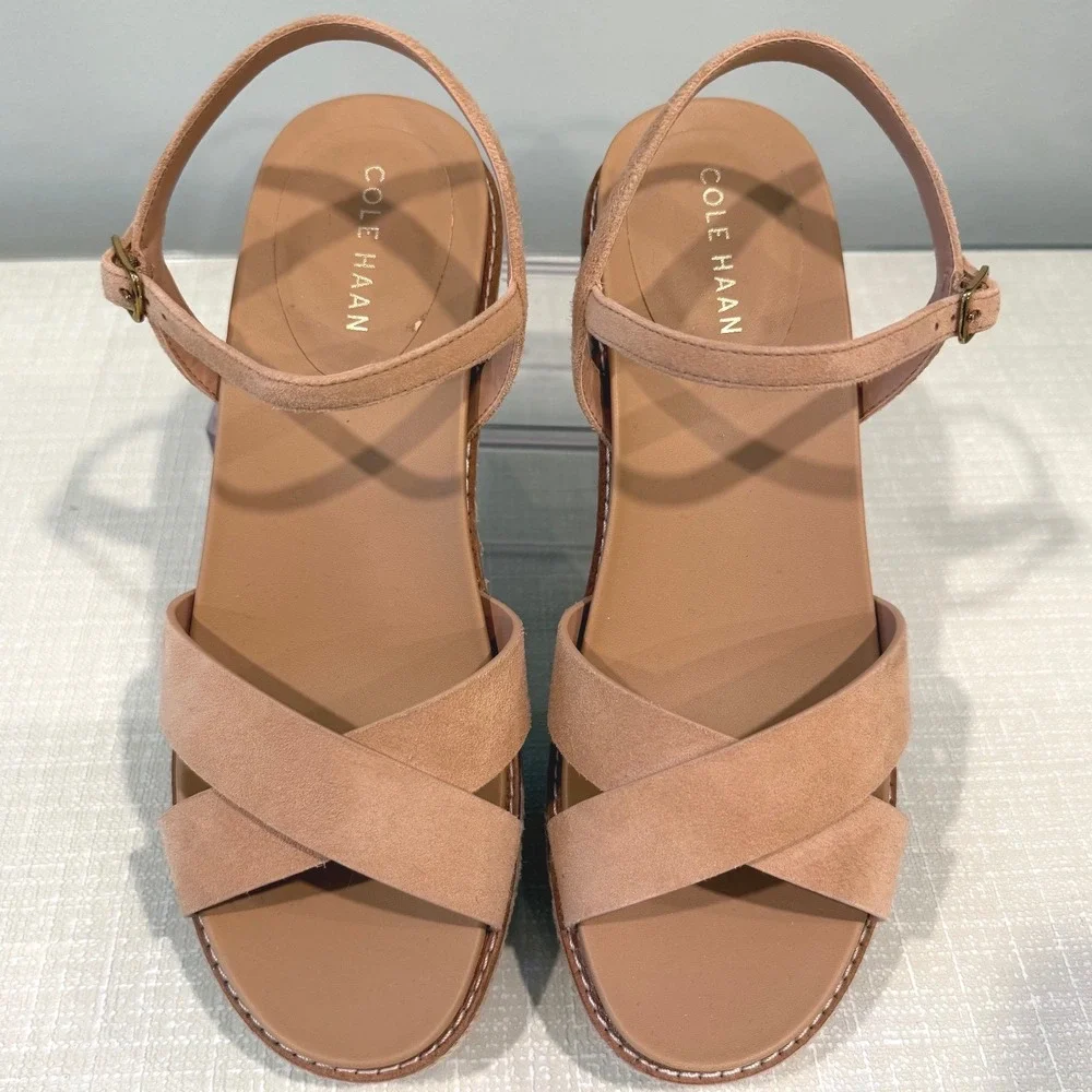 Cole Haan Cloudfeel Silver Tan Suede Espadrille Wedge Sandals NWOT - Size 7.5